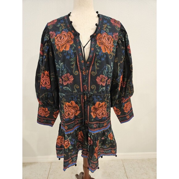 FARM Rio Dresses & Skirts - Farm Rio Black Floral Pom Pom Tie Dress Size L Boho Long SleeveFarm Rio Black...